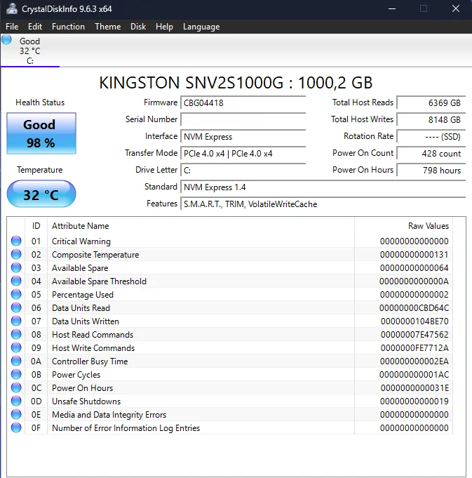 Okno programu CrystalDiskInfo z dyskiem SSD NVMe w stanie Good 98%
